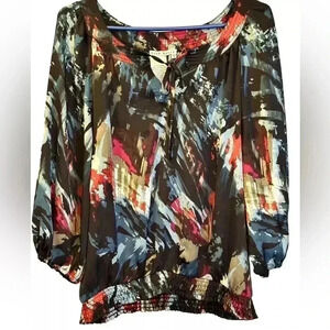 Fred David Top Blue Pattern Tie Neck Balloon Sleeves Size Small EUC